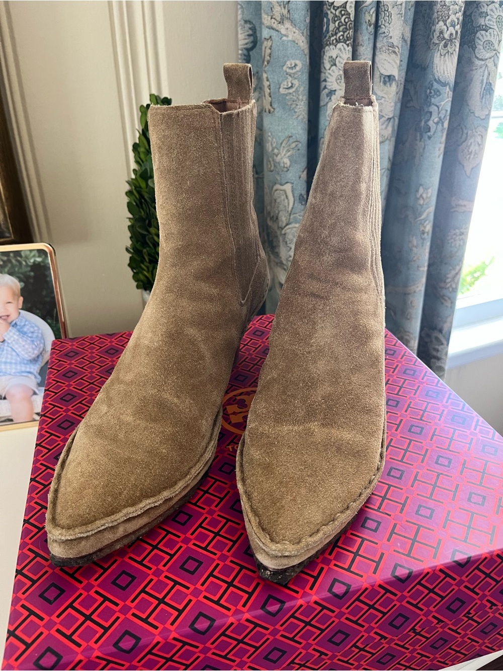 Tory Burch Taupe Suede Pointed Chelsea Booties